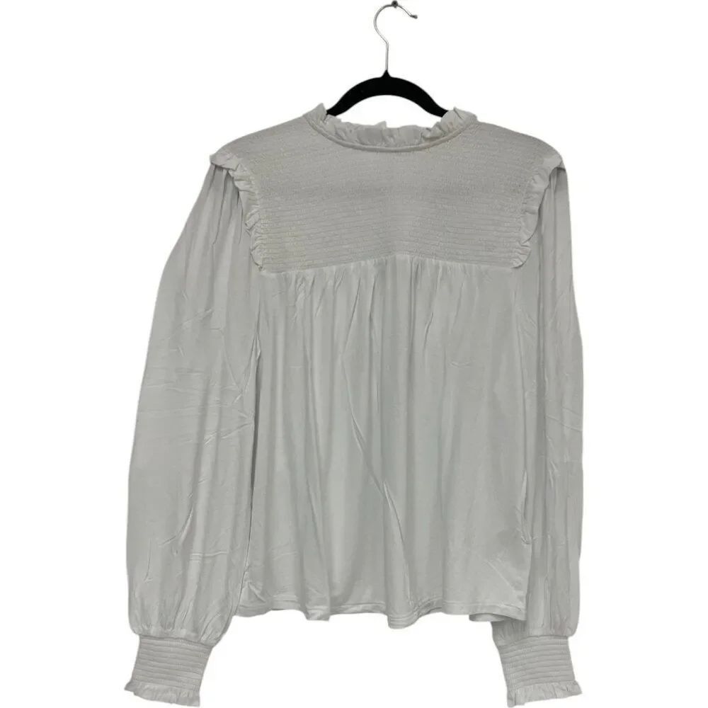 Boden Womens Blouse Top UK 14 US 10 White Smocked Yoke Ruffle Stretch T1078 NWT